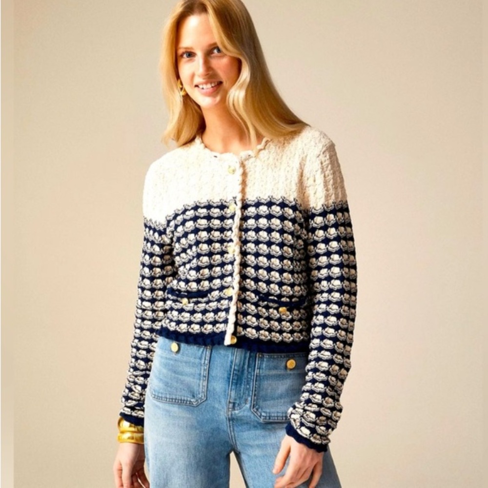 J.Crew Textured Crochet Lady Jacket Navy Ivory Gold Button Cardigan Sz M